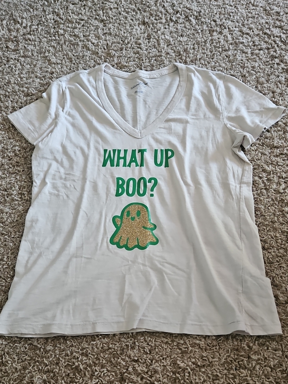 Cream V-Neck Tee with Green "What Up Boo?" Ghost